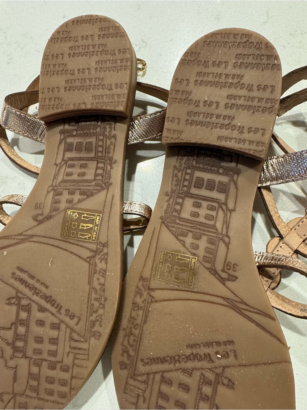 Tropeziennes size 39Women’s Metallic Gold T-Strap Sandals - Picture 8 of 11